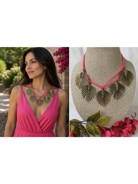 Nordstrom Sequin NYC Gold Tone Pink Palm Feather Charm CZ Necklace Vintage NEW